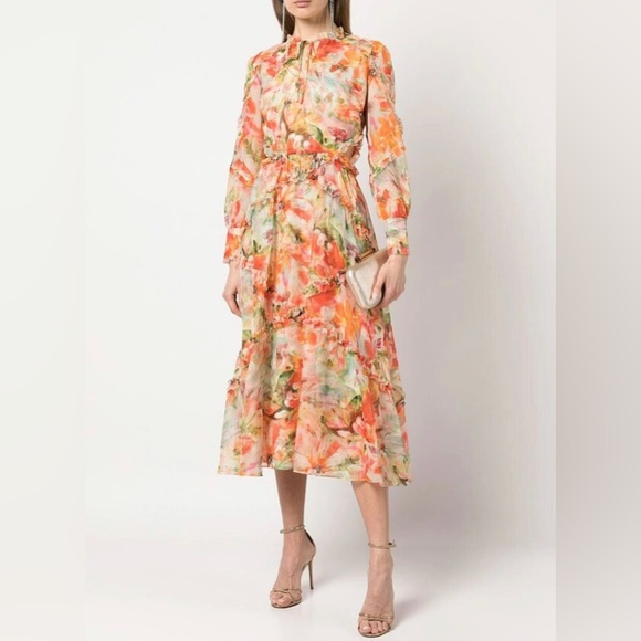 Marchesa Notte Abstract Floral Printed Chiffon Maxi Dress - Picture 2 of 5